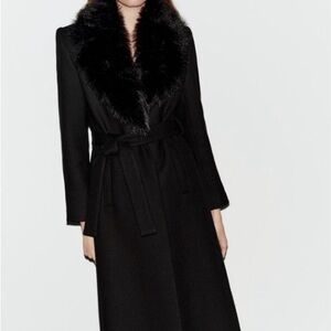Zara Black Wool Pea Coat with Faux Fur Collar